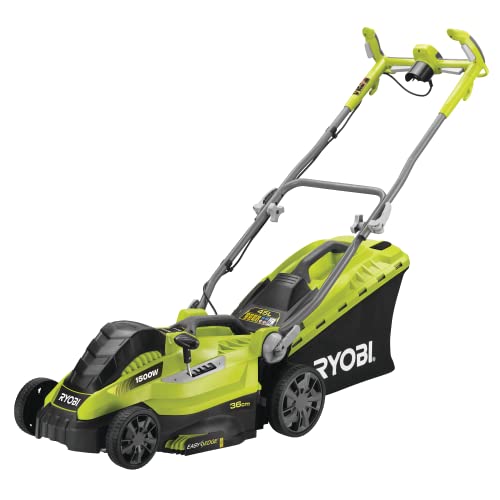 RYOBI - Cortacésped Eléctrico 1500 W de 36cm - Recogida y Mulching - Altura Ajustable 5 Posiciones - Manillar Ajustable y Parachoques Incorporado - Recogedor Easy Edge y Bolsa 45l Incluida - RLM15E36H