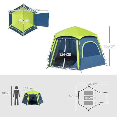 Outsunny Tienda de Campaña para 2-4 Personas Tienda de Camping Plegable con Fácil Instalación Ventanas de Malla Gancho y Bolsa de Transporte Protección UV Impermeable para Senderismo Azul y Verde