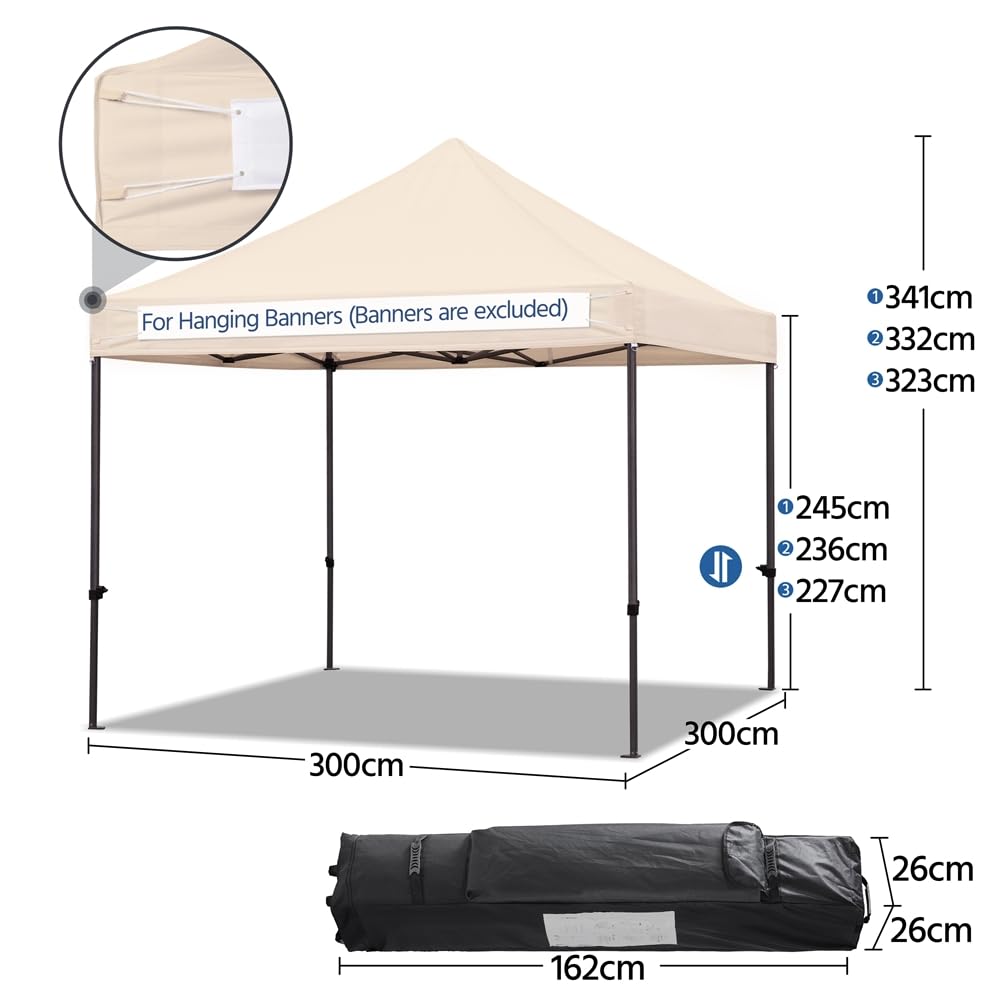 Yaheetech Carpa Plegable 3x3 Carpas para Exteriores Altura Ajustable de 323-341cm Camping Cenador de Jardín Impermeable Sombrilla Carpa Playa Terraza Toldo con 4 Bolsas Beige