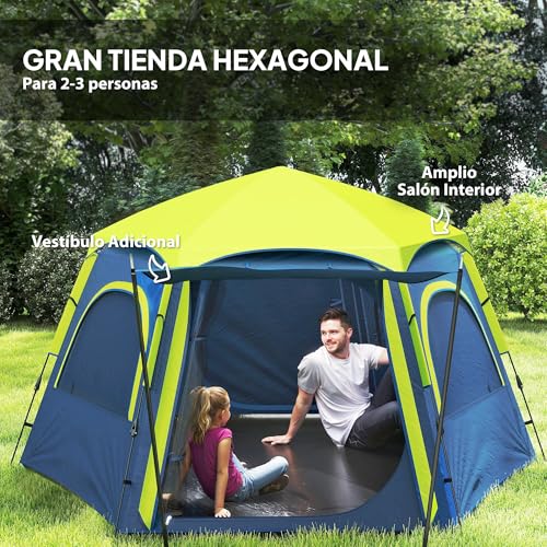Outsunny Tienda de Campaña para 2-4 Personas Tienda de Camping Plegable con Fácil Instalación Ventanas de Malla Gancho y Bolsa de Transporte Protección UV Impermeable para Senderismo Azul y Verde