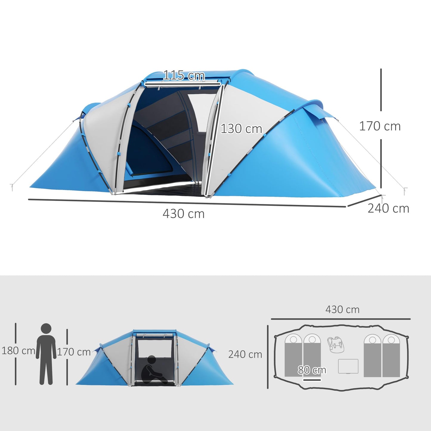 Outsunny Tienda de Campaña Familiar para 4-6 Personas Tienda Camping Plegable Ligero con Bolsa de Transporte Impermeable para Playa Parque Senderismo 430x240x170 cm Azul y Blanco