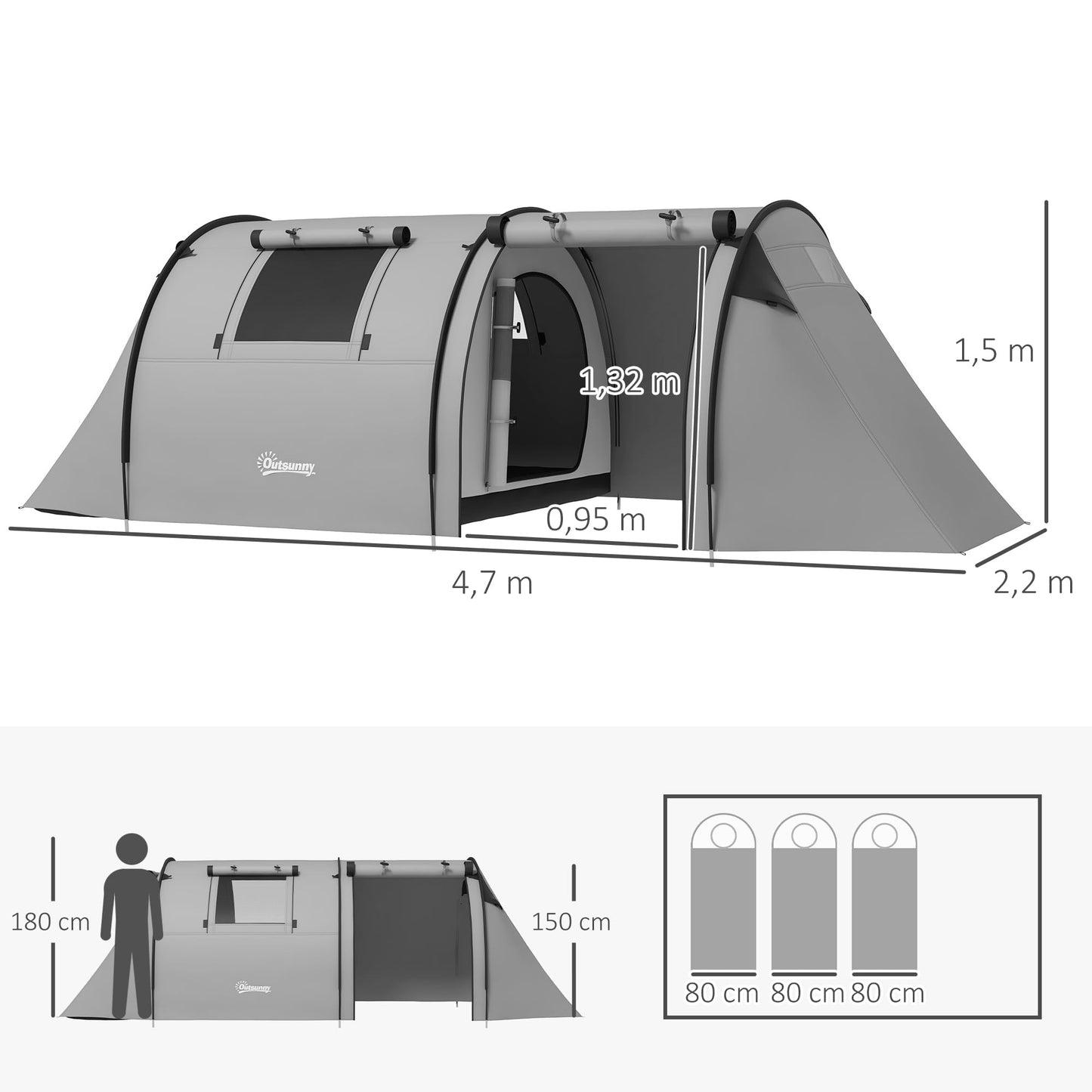 Outsunny Tienda de Campaña Familiar para 3 Personas Tienda Camping Plegable Ligera con Puertas Ventallas Gancho Bolsa de Transporte Impermeable 3000 mm para Playa Senderismo 470x220x150 cm Gris