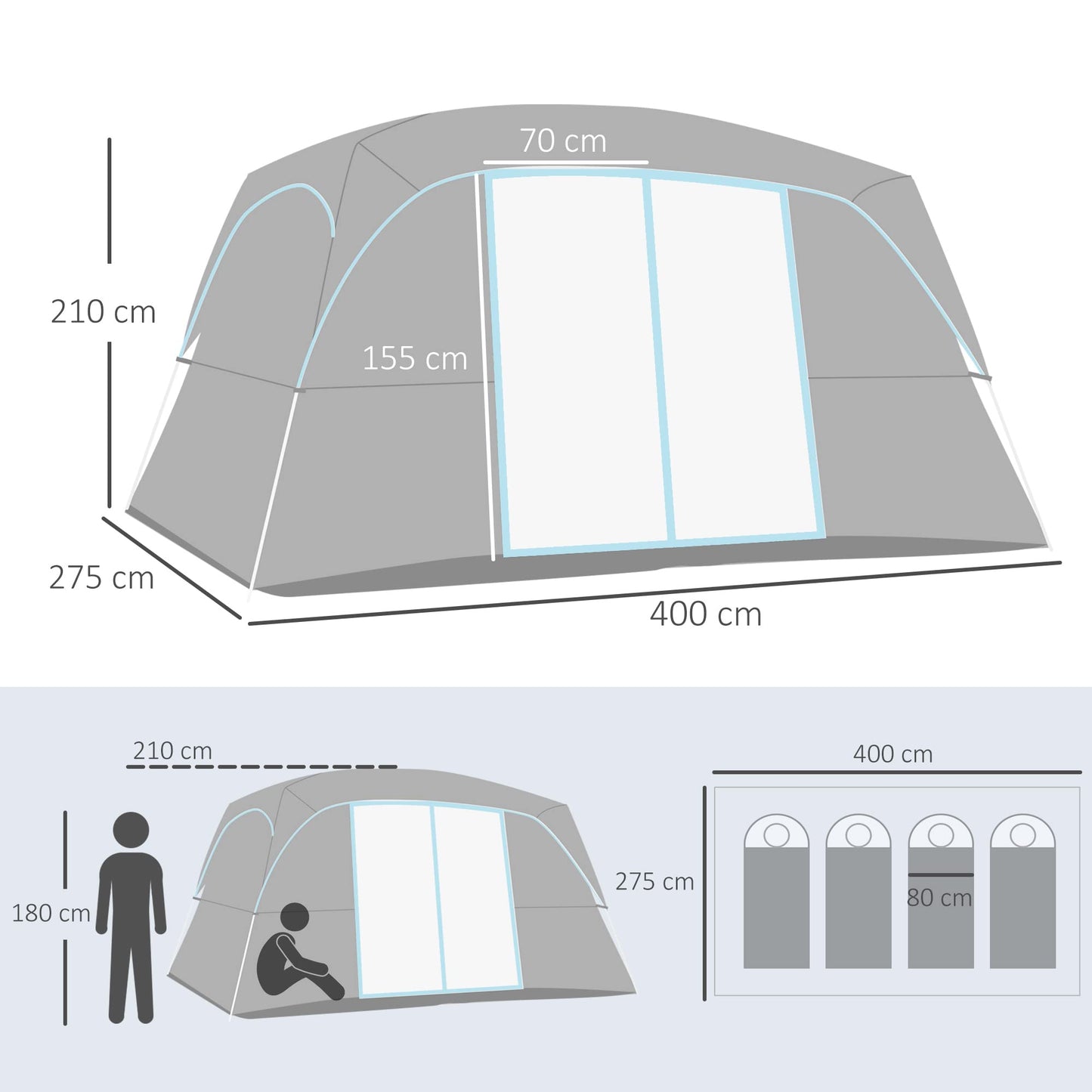 Outsunny Tienda de Campaña Familiar para 4-8 Personas con 2 Dormitorios Tienda de Camping Grande con 2 Bolsillos y Ventanas con Malla Impermeable 400x275x210 cm Gris y Azul Claro