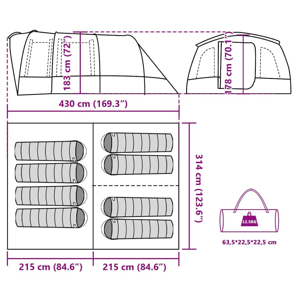 vidaXL Tienda de campaña Familiar túnel 8 Personas Impermeable Gris