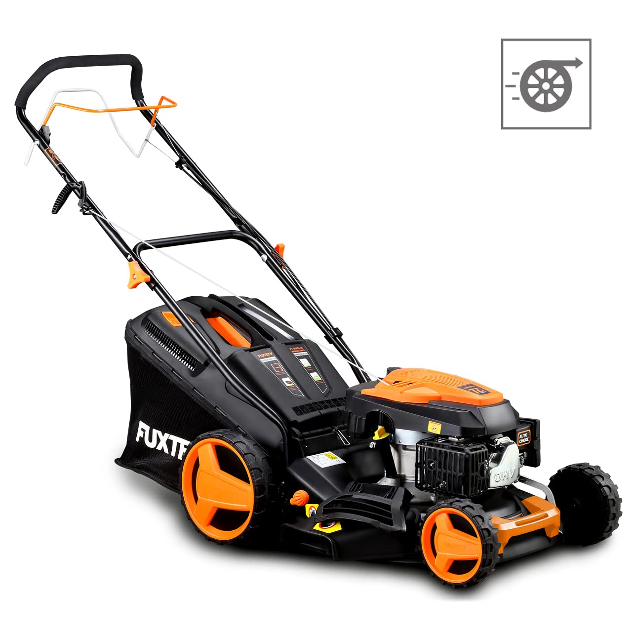 Cortacésped de tracción de Gasolina autopropulsado FUXTEC FX-RM4646 46cm de Ancho de Corte, Potente Motor de Gasolina con transmisión GT 146cc Easy Clean 4en1 2,6KW Mulching/Bolsa de césped 50L