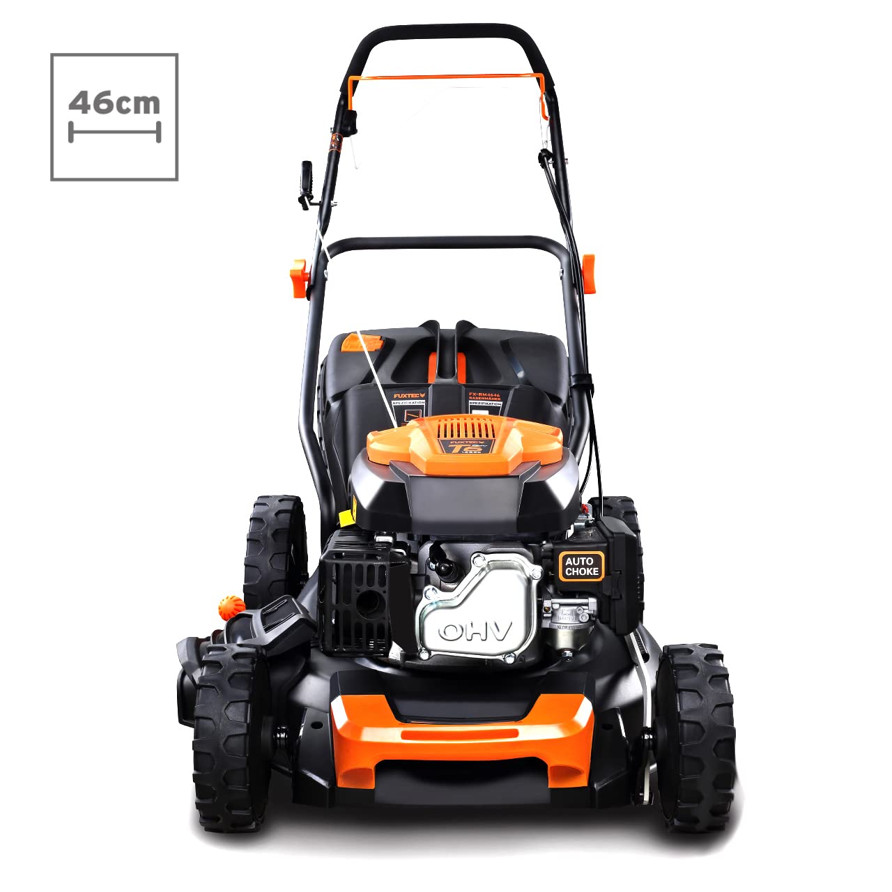 Cortacésped de tracción de Gasolina autopropulsado FUXTEC FX-RM4646 46cm de Ancho de Corte, Potente Motor de Gasolina con transmisión GT 146cc Easy Clean 4en1 2,6KW Mulching/Bolsa de césped 50L
