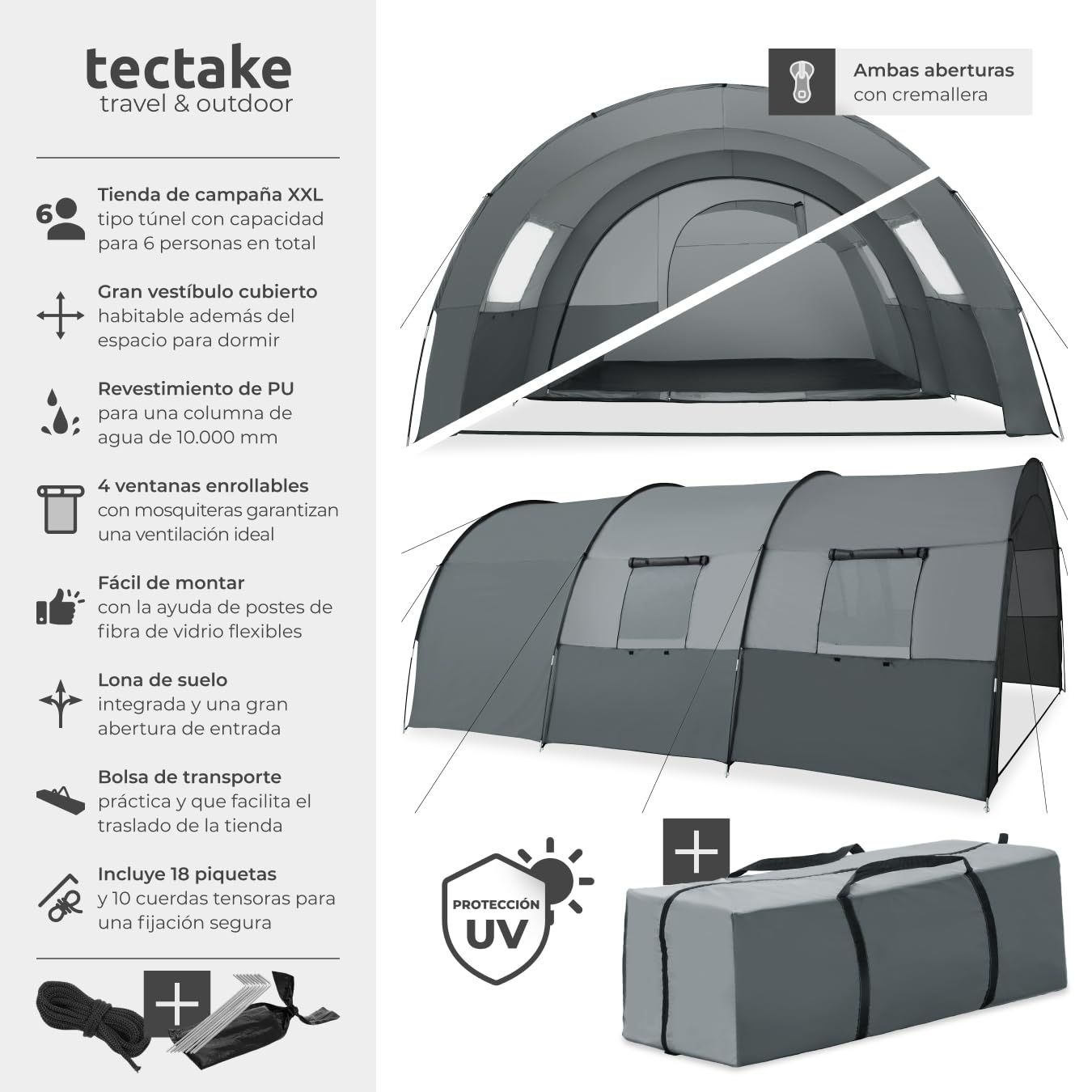 tectake® Tienda de Campaña Familiar Tipo Túnel, Tienda Campaña XXL para 6 Personas, Tienda Campismo con Protección UV y Repelente al Agua, Cuatro Ventanas, 350x480x195 cm, con Bolsa de Transporte
