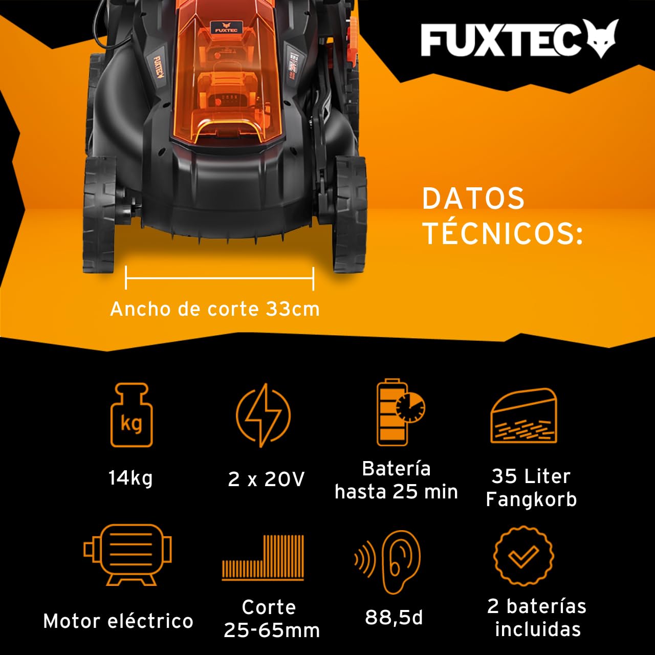 FUXTEC Cortacésped de batería FX-E1RM20 40Volt (2x20V) Set con 2 baterías y Cargador - 33cm de Ancho de Corte / 35L de Bolsa de Recogida de Hierba