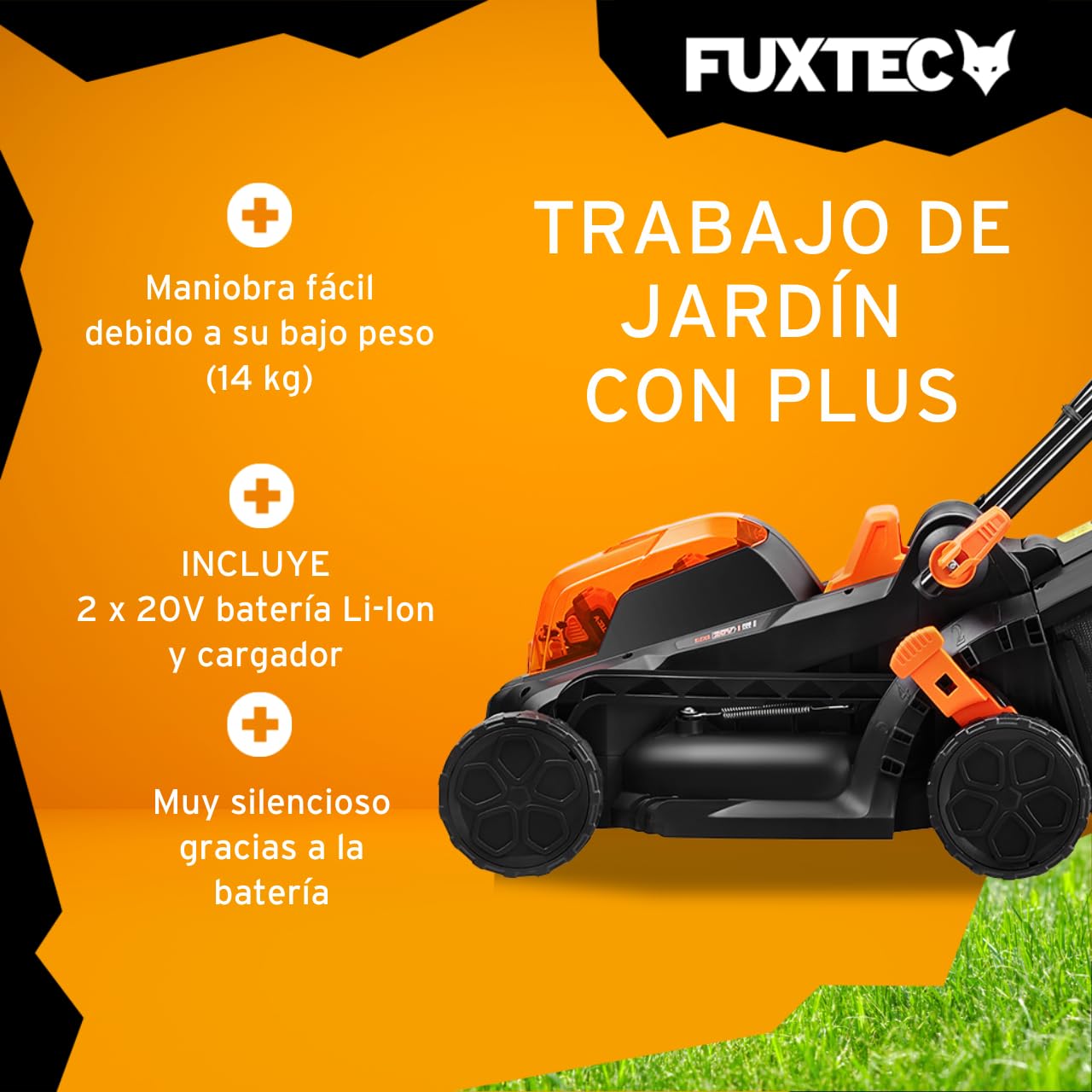 FUXTEC Cortacésped de batería FX-E1RM20 40Volt (2x20V) Set con 2 baterías y Cargador - 33cm de Ancho de Corte / 35L de Bolsa de Recogida de Hierba