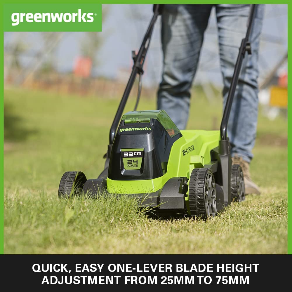 Greenworks Cortacésped de batería GD24LM33K2 (Li-Ion 24V 33cm ancho corte hasta 280m² 30L recogedor de hierba 5 veces ajuste altura corte central 25-75mm Incluye batería de 2Ah y cargador)