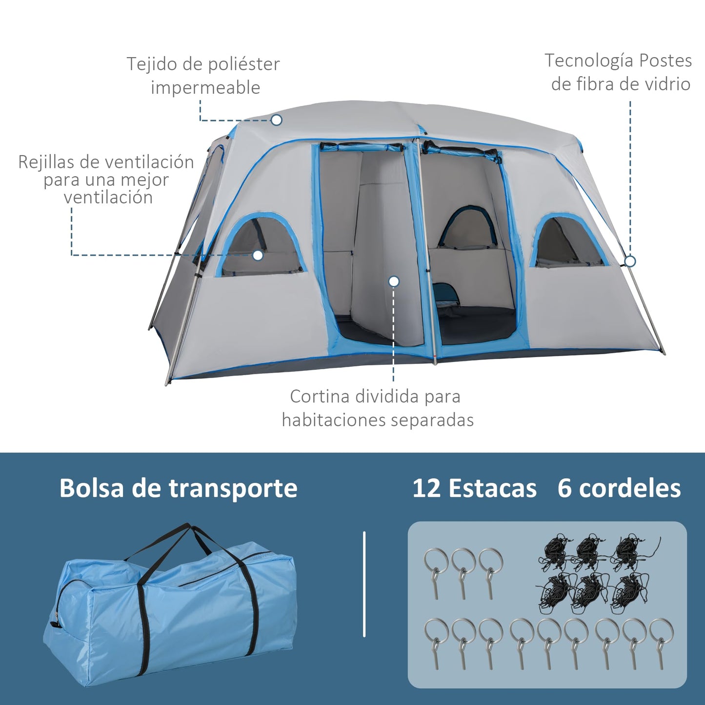 Outsunny Tienda de Campaña Familiar para 4-8 Personas con 2 Dormitorios Tienda de Camping Grande con 2 Bolsillos y Ventanas con Malla Impermeable 400x275x210 cm Gris y Azul Claro