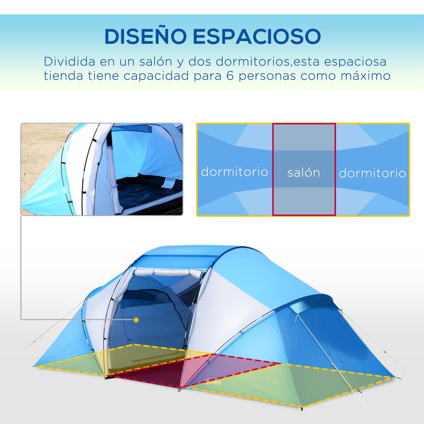 Outsunny Tienda de Campaña Familiar para 4-6 Personas Tienda Camping Plegable Ligero con Bolsa de Transporte Impermeable para Playa Parque Senderismo 430x240x170 cm Azul y Blanco