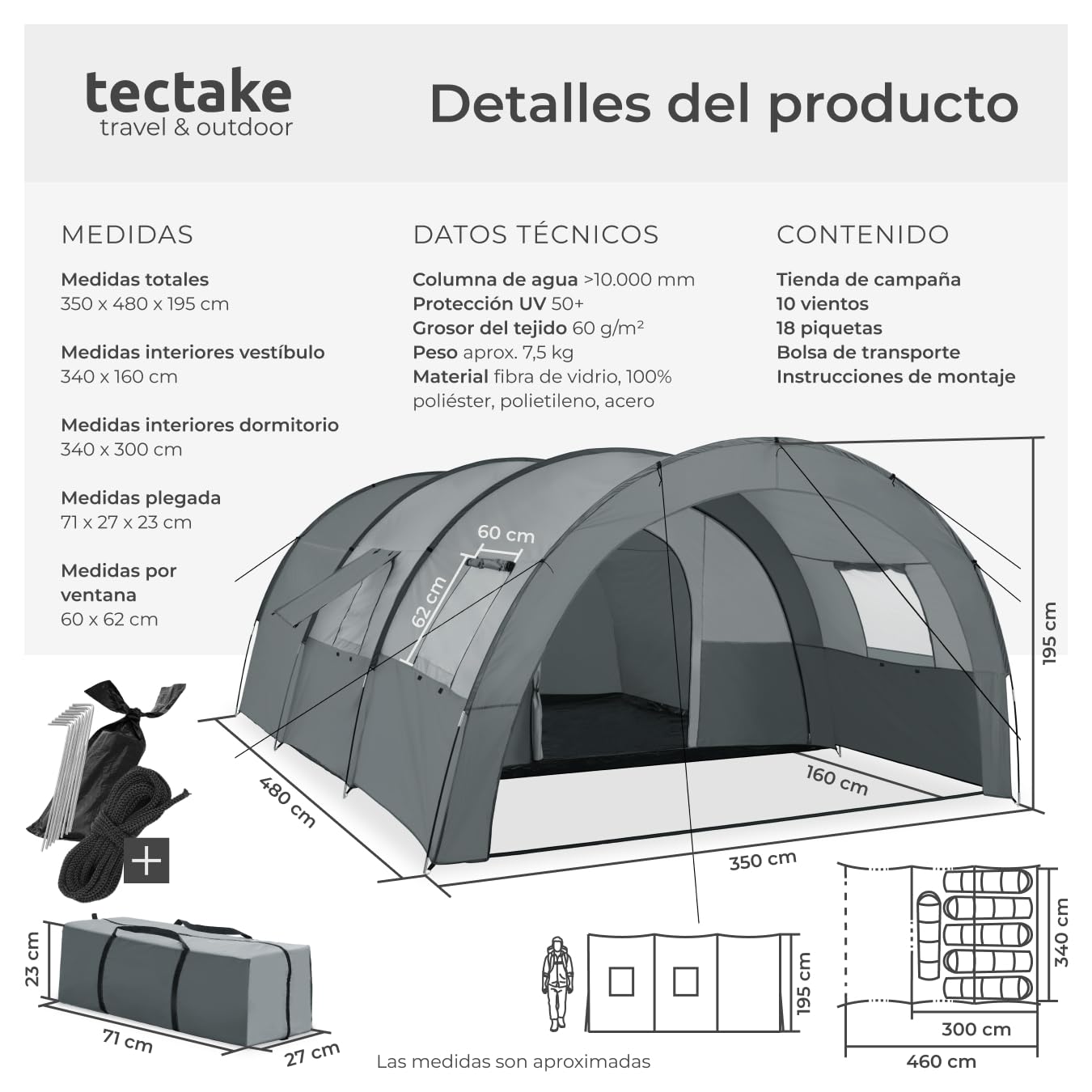 tectake® Tienda de Campaña Familiar Tipo Túnel, Tienda Campaña XXL para 6 Personas, Tienda Campismo con Protección UV y Repelente al Agua, Cuatro Ventanas, 350x480x195 cm, con Bolsa de Transporte