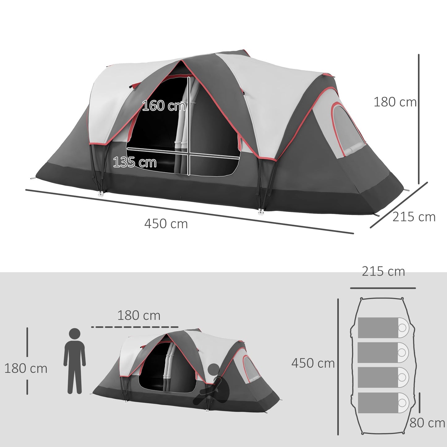 Outsunny Tienda de Campaña Familiar para 6-8 Personas Tienda de Camping Plegable con 2 Habitaciones y Bolsa de Transporte Impermeable para Senderismo 450x215x180 cm Gris