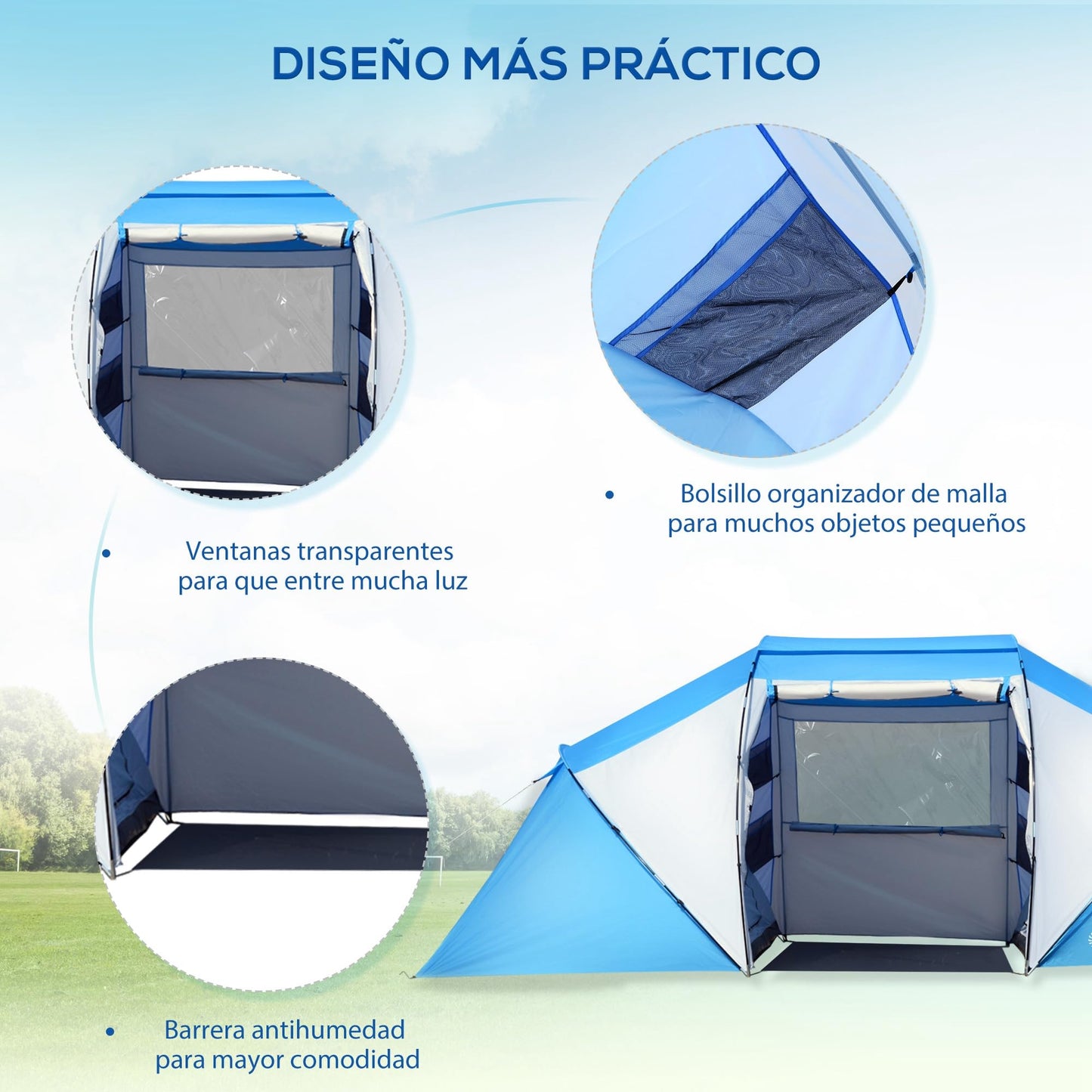 Outsunny Tienda de Campaña Familiar para 4-6 Personas Tienda Camping Plegable Ligero con Bolsa de Transporte Impermeable para Playa Parque Senderismo 430x240x170 cm Azul y Blanco