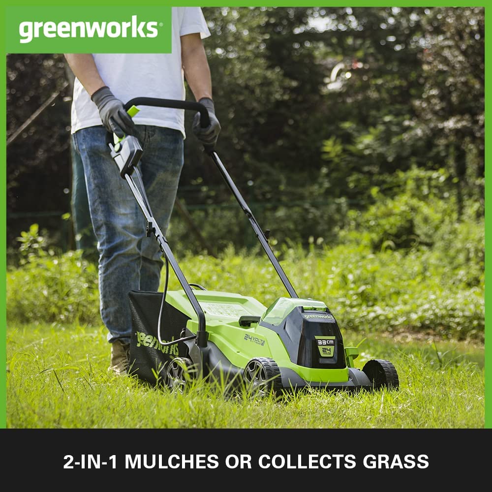 Greenworks Cortacésped de batería GD24LM33K2 (Li-Ion 24V 33cm ancho corte hasta 280m² 30L recogedor de hierba 5 veces ajuste altura corte central 25-75mm Incluye batería de 2Ah y cargador)