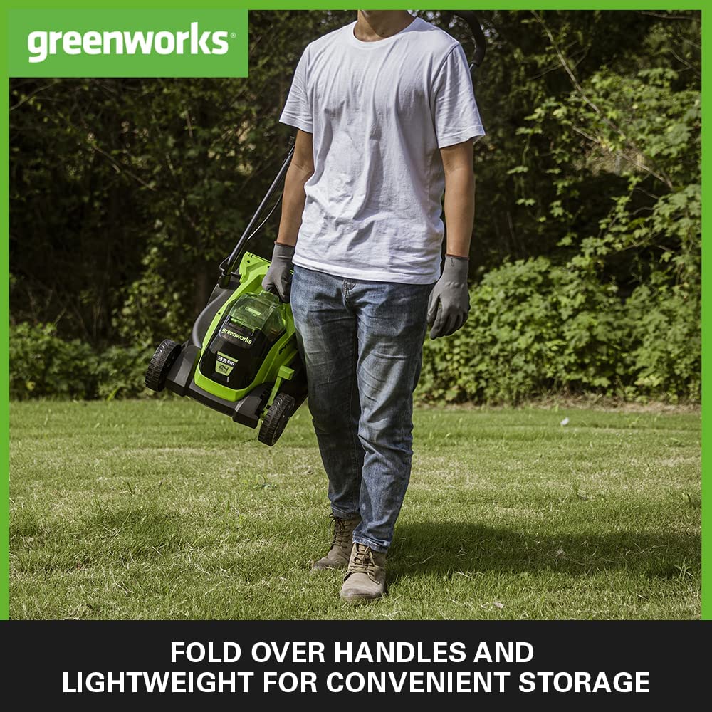 Greenworks Cortacésped de batería GD24LM33K2 (Li-Ion 24V 33cm ancho corte hasta 280m² 30L recogedor de hierba 5 veces ajuste altura corte central 25-75mm Incluye batería de 2Ah y cargador)