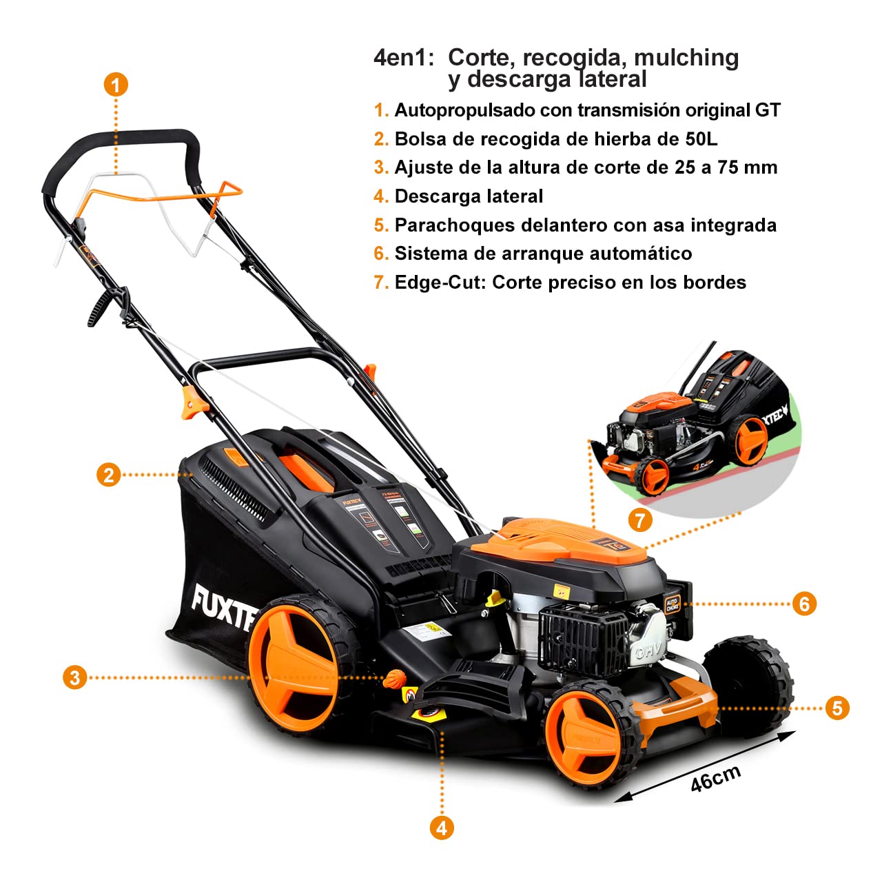Cortacésped de tracción de Gasolina autopropulsado FUXTEC FX-RM4646 46cm de Ancho de Corte, Potente Motor de Gasolina con transmisión GT 146cc Easy Clean 4en1 2,6KW Mulching/Bolsa de césped 50L
