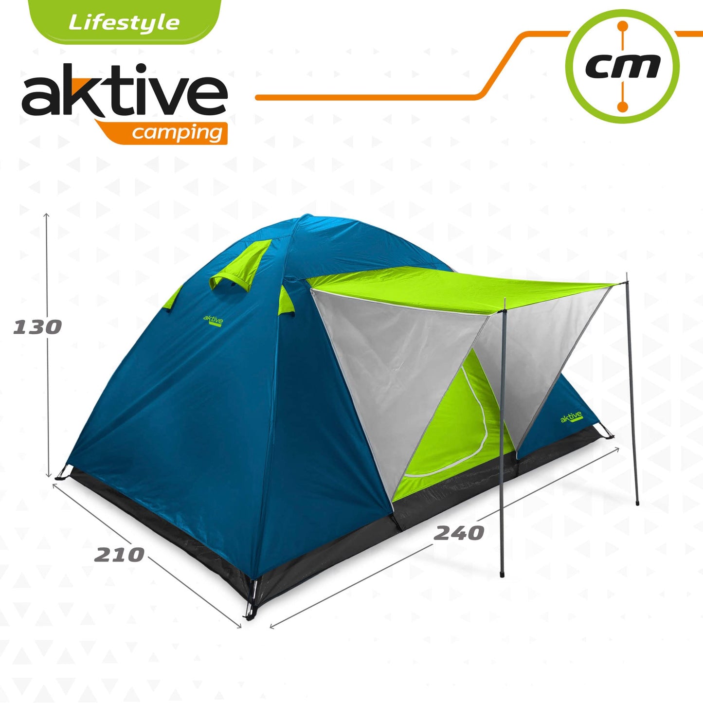Aktive 52890 - Tienda de campaña 4 personas doble techo y toldo delantero, Medidas 240x210x130cm, antilluvia, puerta doble con cremallera y mosquitera, Carpa camping