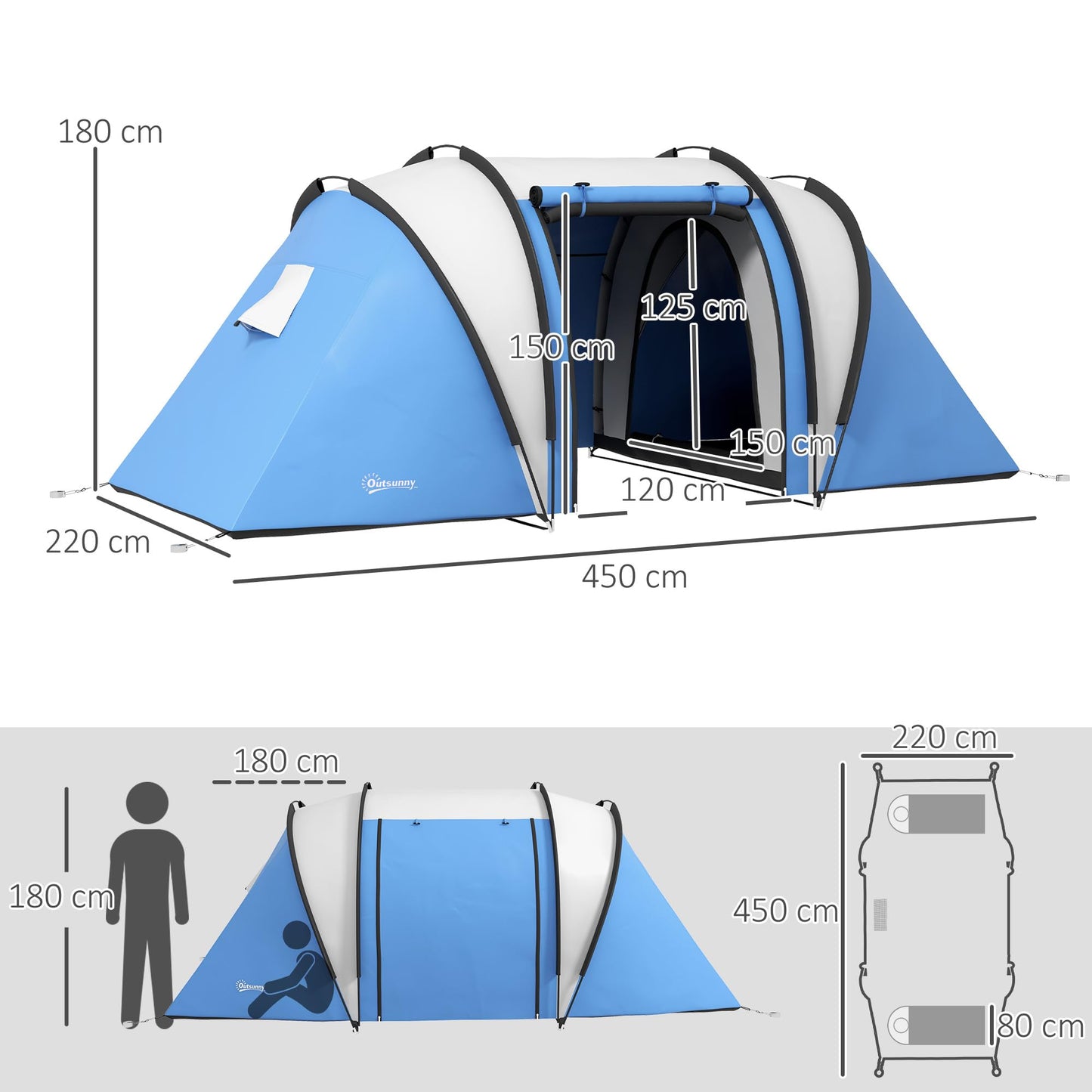Outsunny Tienda de Campaña Familiar para 4-5 Personas Tienda de Acampada de Túnel Impermeable 3000 mm con 2 Dormitorios Bolsa de Transporte y Gancho para Pescar Senderismo Azul