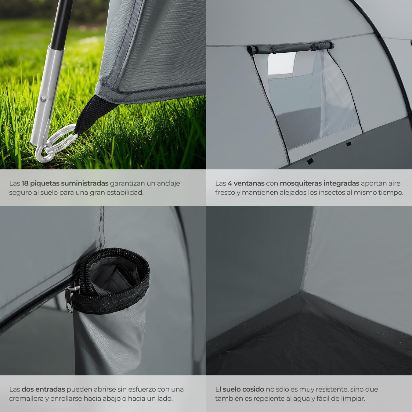 tectake® Tienda de Campaña Familiar Tipo Túnel, Tienda Campaña XXL para 6 Personas, Tienda Campismo con Protección UV y Repelente al Agua, Cuatro Ventanas, 350x480x195 cm, con Bolsa de Transporte