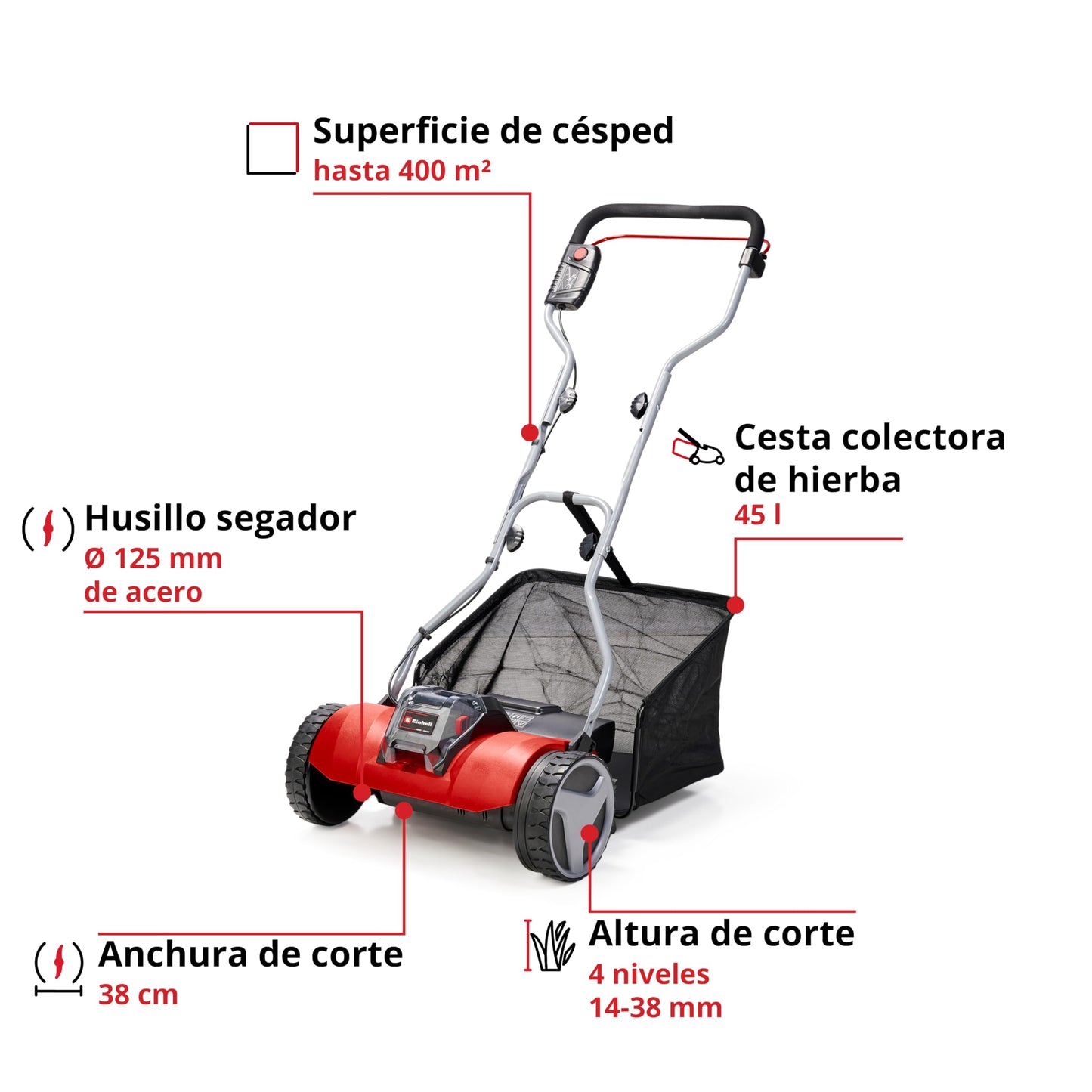 Einhell Cortacésped a batería - GE-HM 18/38 Li Solo PXC. Iones de litio, husillo de cortacésped montado sobre cojinetes de bolas con 5 cuchillas de acero. Suministrado sin batería ni cargador