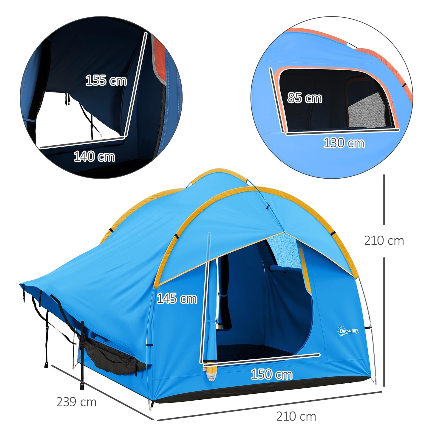 Outsunny 5-6 Personas Familia Hatchback Coche Tienda de campaña SUV con 3 Puertas y Ventana de Malla, para Trekking, Camping y Senderismo, Azul y Naranja