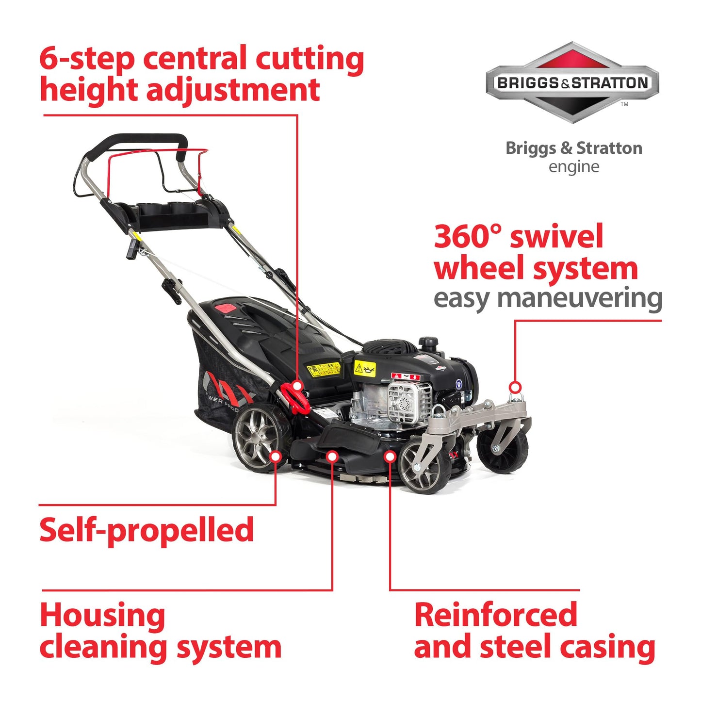 NAX POWER PRODUCTS 1000S motor Briggs & Stratton serie 450E 125 cm3 ancho de corte 42 cm cesta 45l sistema de lavado de la carcasa cortacésped a gasolina con tracción