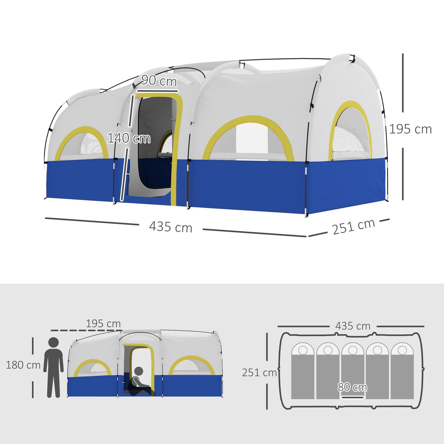 Outsunny Tienda de Campaña Familiar Tipo Túnel para de 4-6 Personas Impermeable 3000 mm Tienda de Camping Plegable con 2 Dormitorios Bolsa para Senderismo 435x251x195 cm Azul y Blanco