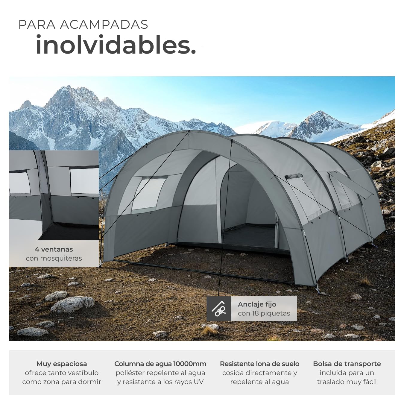 tectake® Tienda de Campaña Familiar Tipo Túnel, Tienda Campaña XXL para 6 Personas, Tienda Campismo con Protección UV y Repelente al Agua, Cuatro Ventanas, 350x480x195 cm, con Bolsa de Transporte