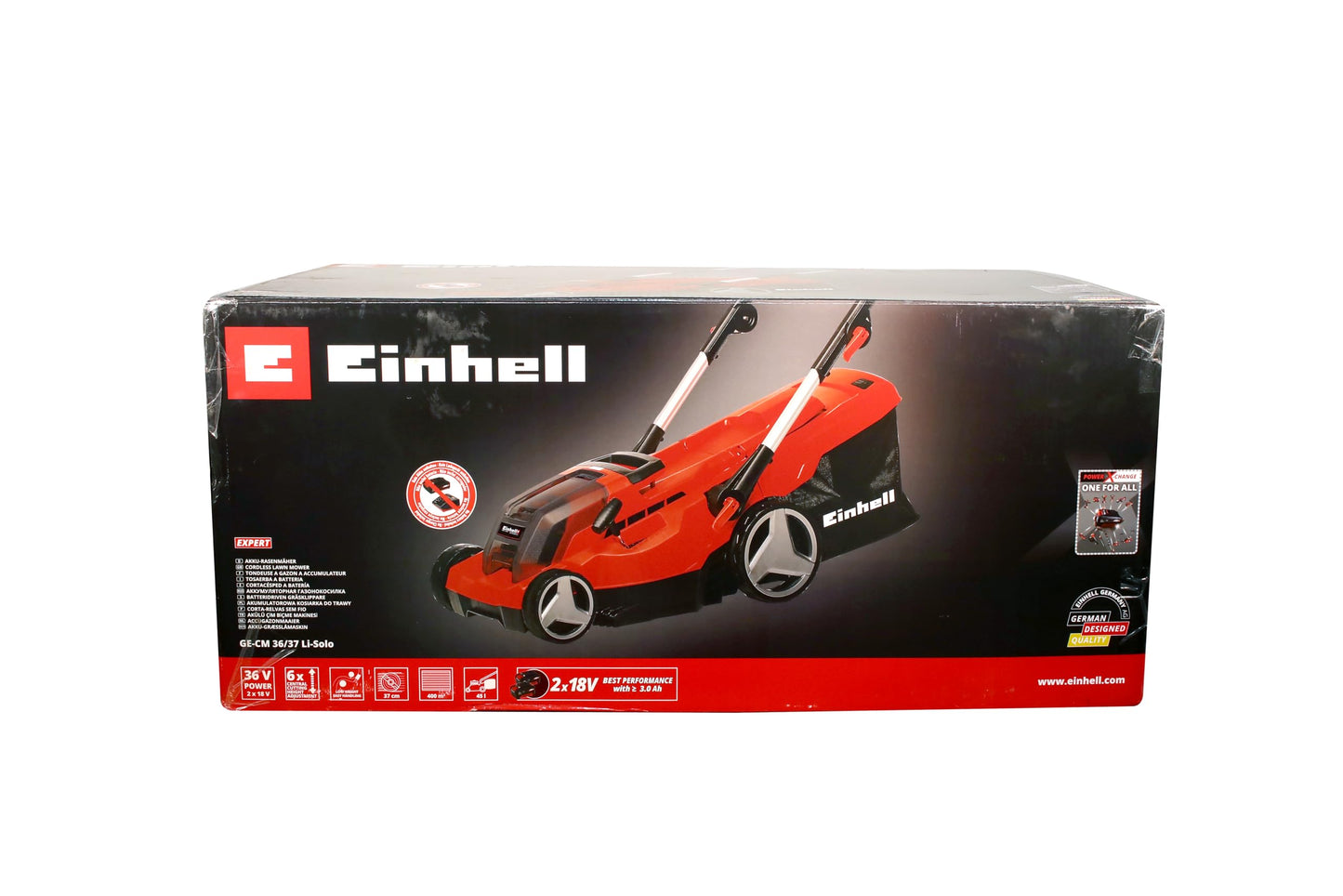 Einhell Cortacésped a batería - GE-CM 36/37 Li-Solo Power X-Change. iones de litio, ajuste de altura de corte central de 6 niveles 25-75 mm, cesta de recogida de hierba de 45 l. Sin batería y cargador