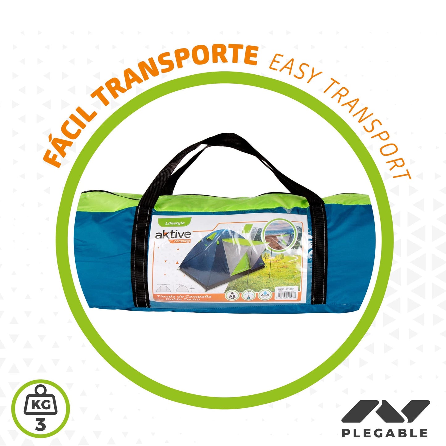 Aktive 52890 - Tienda de campaña 4 personas doble techo y toldo delantero, Medidas 240x210x130cm, antilluvia, puerta doble con cremallera y mosquitera, Carpa camping