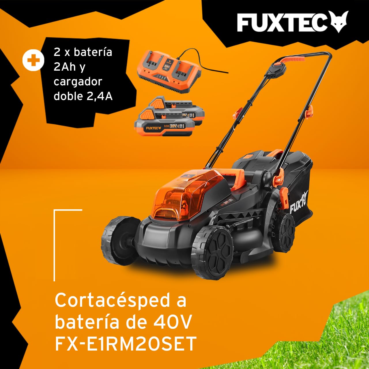 FUXTEC Cortacésped de batería FX-E1RM20 40Volt (2x20V) Set con 2 baterías y Cargador - 33cm de Ancho de Corte / 35L de Bolsa de Recogida de Hierba