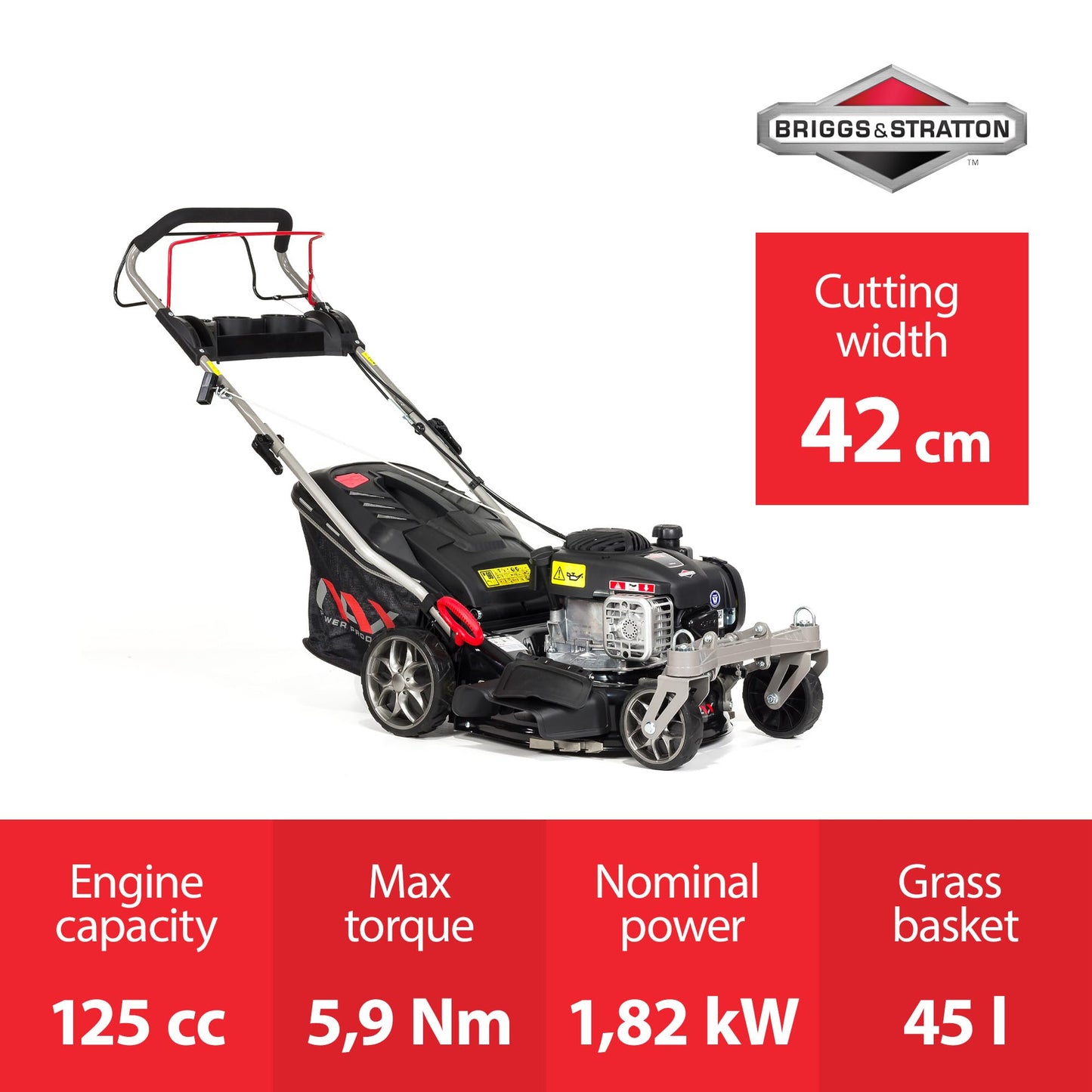 NAX POWER PRODUCTS 1000S motor Briggs & Stratton serie 450E 125 cm3 ancho de corte 42 cm cesta 45l sistema de lavado de la carcasa cortacésped a gasolina con tracción
