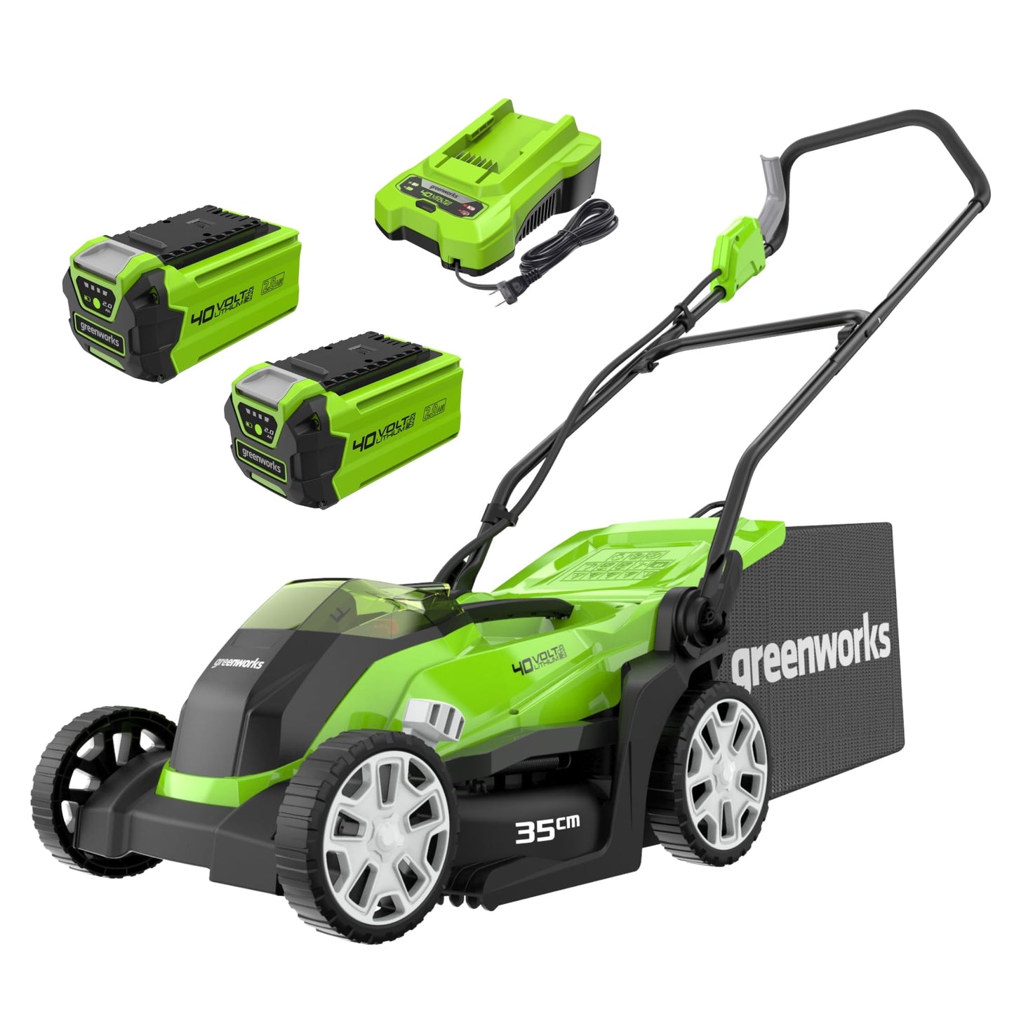 Greenworks G40LM35K2X Cortacésped de Batería para Céspedes de Hasta 400 m², Ancho de Corte 35 cm, Bolsa de 40L MÁS Dos Baterías de 40V 2Ah y Un Cargador, Garantía de 3 Años