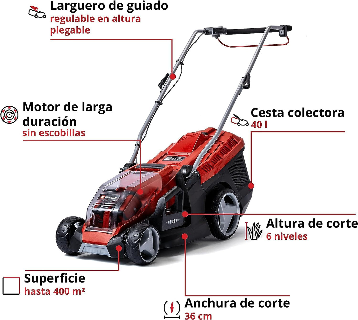 Einhell Cortacésped a batería GE-CM 36/36 Li Kit Power X-Change (36V, 36cm ancho de corte, hasta 400 m², Brushless, 40L bolsa recolectora, 25-75 mm altura de corte, con 2x4,0 Ah batería y 2x cargador)