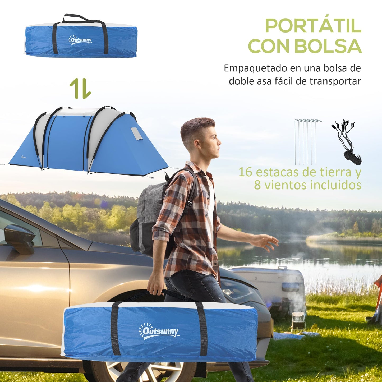 Outsunny Tienda de Campaña Familiar para 4-5 Personas Tienda de Acampada de Túnel Impermeable 3000 mm con 2 Dormitorios Bolsa de Transporte y Gancho para Pescar Senderismo Azul