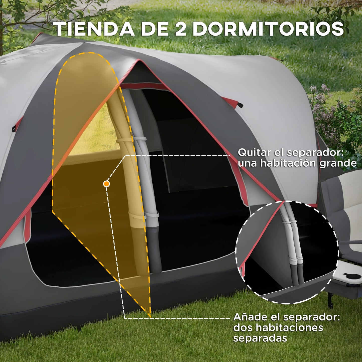 Outsunny Tienda de Campaña Familiar para 6-8 Personas Tienda de Camping Plegable con 2 Habitaciones y Bolsa de Transporte Impermeable para Senderismo 450x215x180 cm Gris