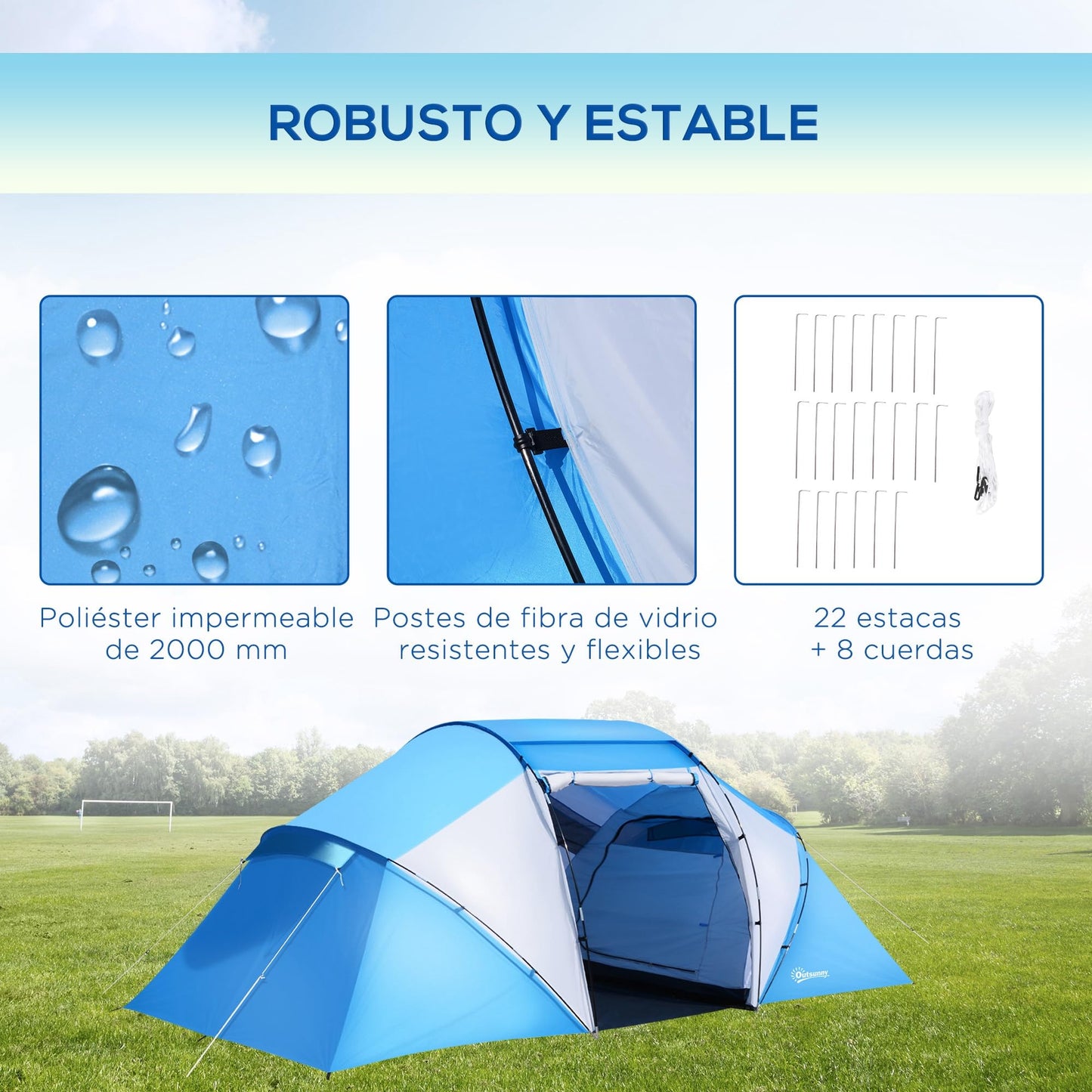 Outsunny Tienda de Campaña Familiar para 4-6 Personas Tienda Camping Plegable Ligero con Bolsa de Transporte Impermeable para Playa Parque Senderismo 430x240x170 cm Azul y Blanco