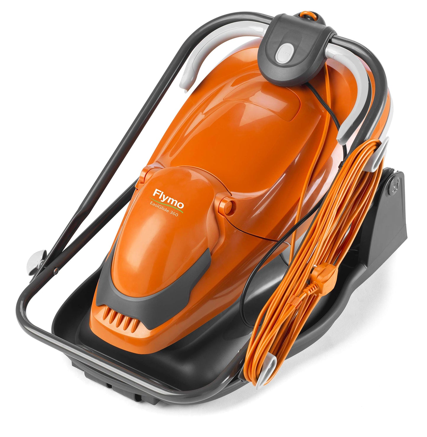 Flymo EasiGlide 360 Hover Collect - Cortacésped con Motor de 2000 W, Ancho de Corte de 36 cm, Caja de césped de 26 litros, se pliega Plano, Cable de 10 m, Naranja y Gris