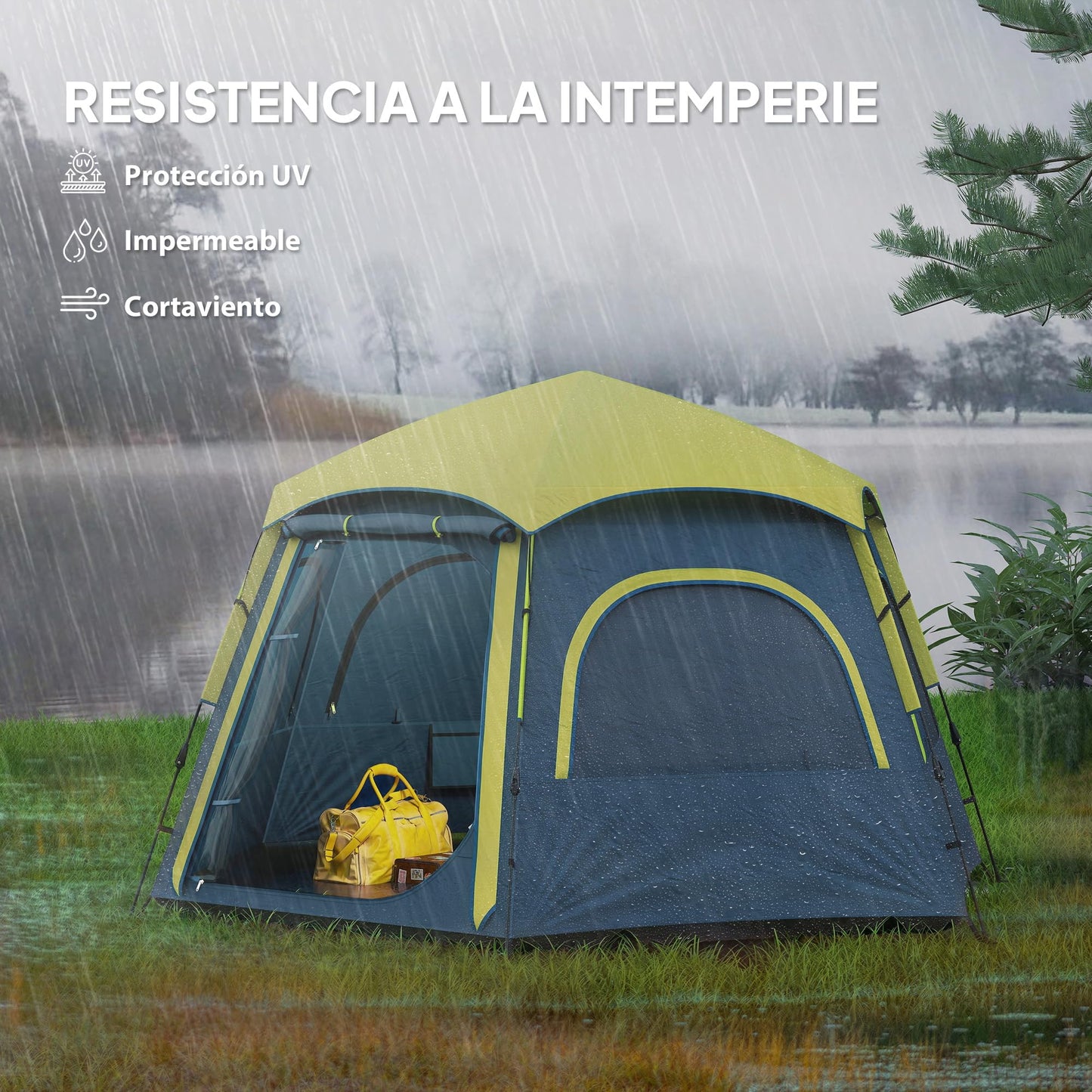 Outsunny Tienda de Campaña para 2-4 Personas Tienda de Camping Plegable con Fácil Instalación Ventanas de Malla Gancho y Bolsa de Transporte Protección UV Impermeable para Senderismo Azul y Verde