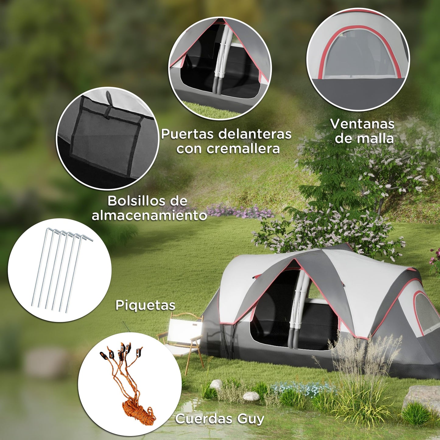 Outsunny Tienda de Campaña Familiar para 6-8 Personas Tienda de Camping Plegable con 2 Habitaciones y Bolsa de Transporte Impermeable para Senderismo 450x215x180 cm Gris