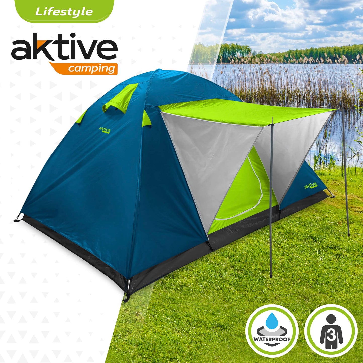 Aktive 52890 - Tienda de campaña 4 personas doble techo y toldo delantero, Medidas 240x210x130cm, antilluvia, puerta doble con cremallera y mosquitera, Carpa camping