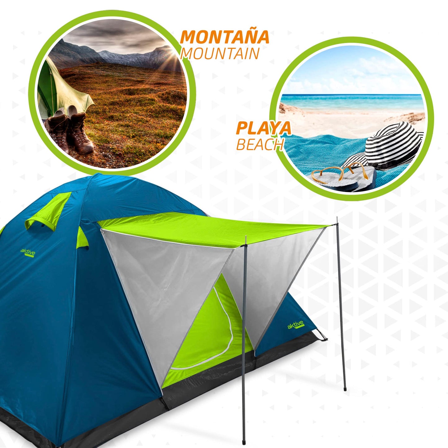 Aktive 52890 - Tienda de campaña 4 personas doble techo y toldo delantero, Medidas 240x210x130cm, antilluvia, puerta doble con cremallera y mosquitera, Carpa camping