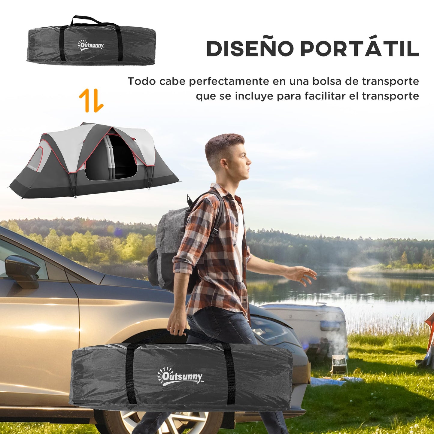 Outsunny Tienda de Campaña Familiar para 6-8 Personas Tienda de Camping Plegable con 2 Habitaciones y Bolsa de Transporte Impermeable para Senderismo 450x215x180 cm Gris