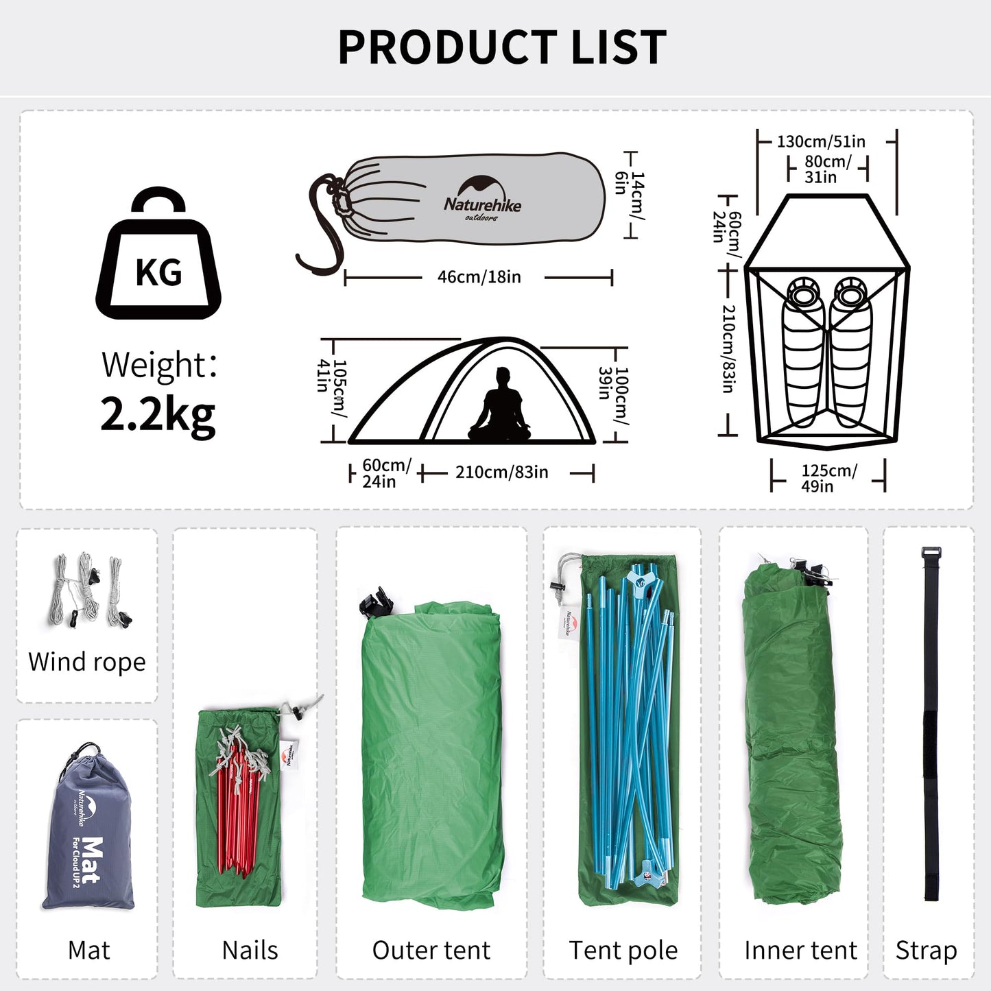 Naturehike Cloud-up Ultraligero 3 Persona Tienda de campaña Impermeable Doble Capa Camping Tienda de campaña (210T Verde Actualizar)