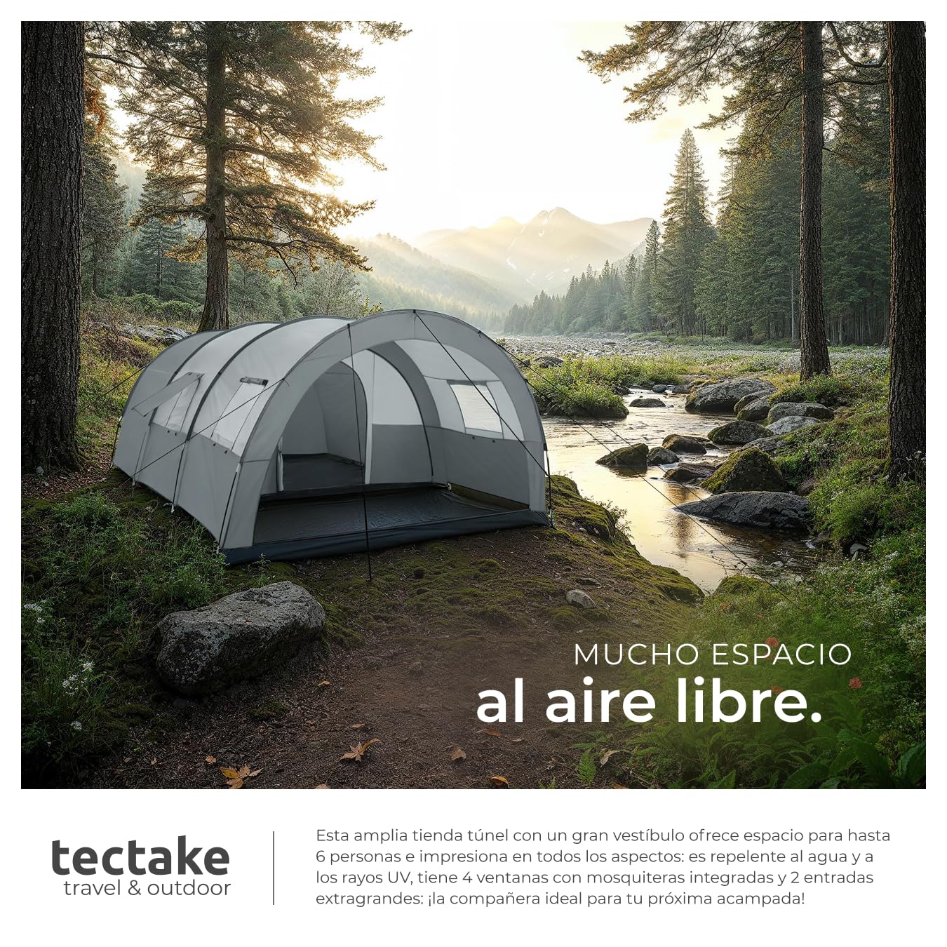tectake® Tienda de Campaña Familiar Tipo Túnel, Tienda Campaña XXL para 6 Personas, Tienda Campismo con Protección UV y Repelente al Agua, Cuatro Ventanas, 350x480x195 cm, con Bolsa de Transporte
