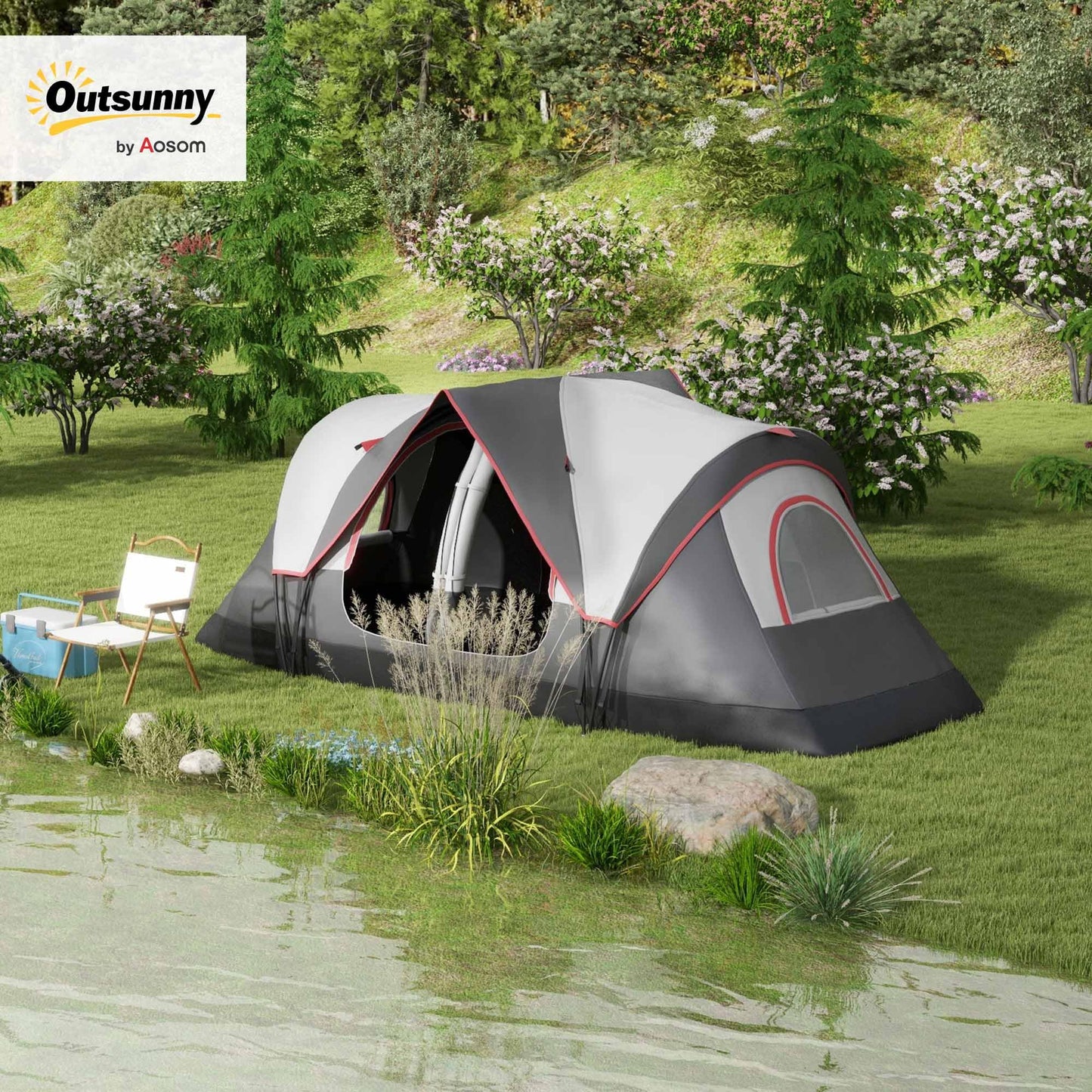 Outsunny Tienda de Campaña Familiar para 6-8 Personas Tienda de Camping Plegable con 2 Habitaciones y Bolsa de Transporte Impermeable para Senderismo 450x215x180 cm Gris