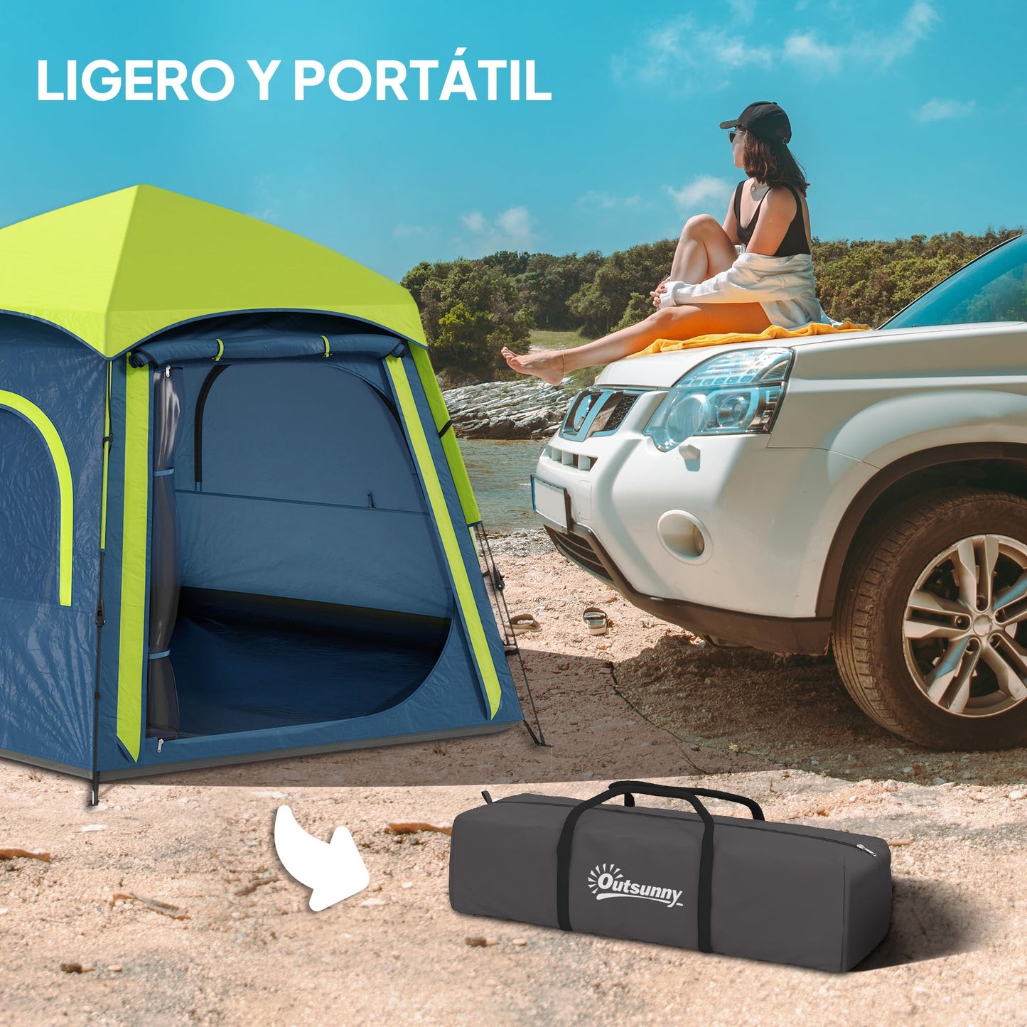 Outsunny Tienda de Campaña para 2-4 Personas Tienda de Camping Plegable con Fácil Instalación Ventanas de Malla Gancho y Bolsa de Transporte Protección UV Impermeable para Senderismo Azul y Verde