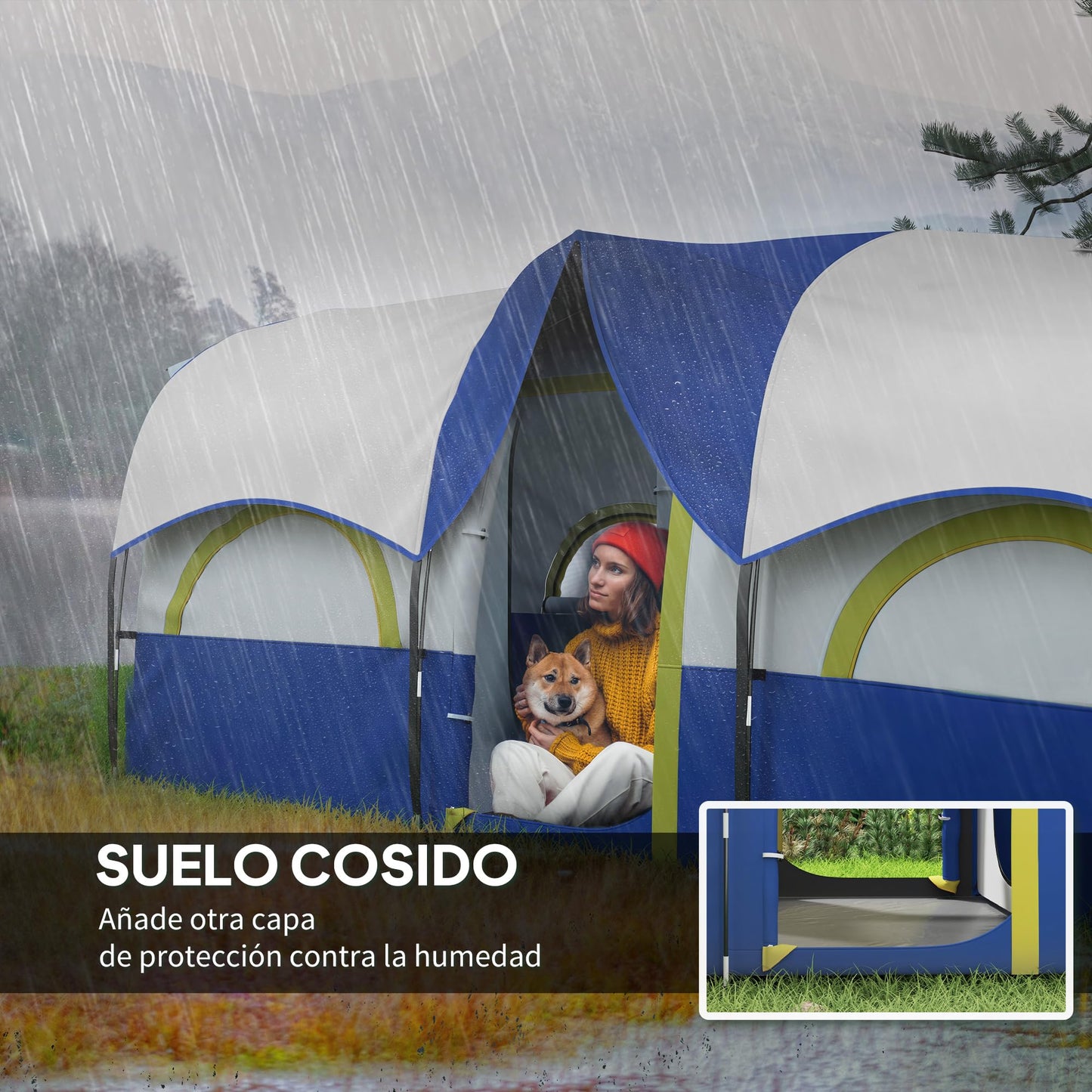 Outsunny Tienda de Campaña Familiar Tipo Túnel para de 4-6 Personas Impermeable 3000 mm Tienda de Camping Plegable con 2 Dormitorios Bolsa para Senderismo 435x251x195 cm Azul y Blanco